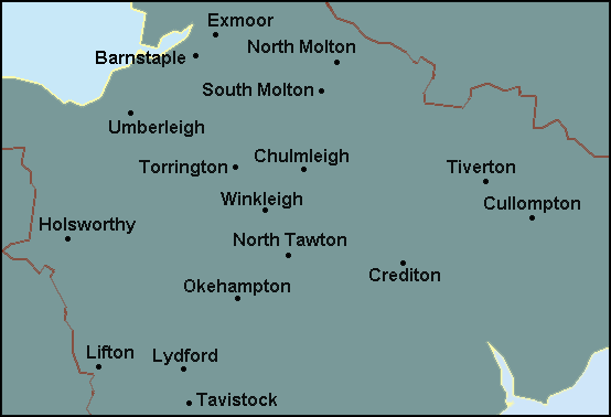 Devon: Okehampton, Tiverton and surrounding area map