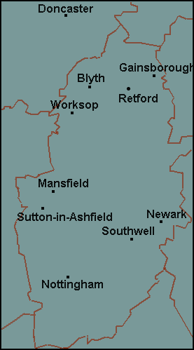 Nottinghamshire: Mansfield, Newark on Trent, Nottingham, Worksop and surrounding area map