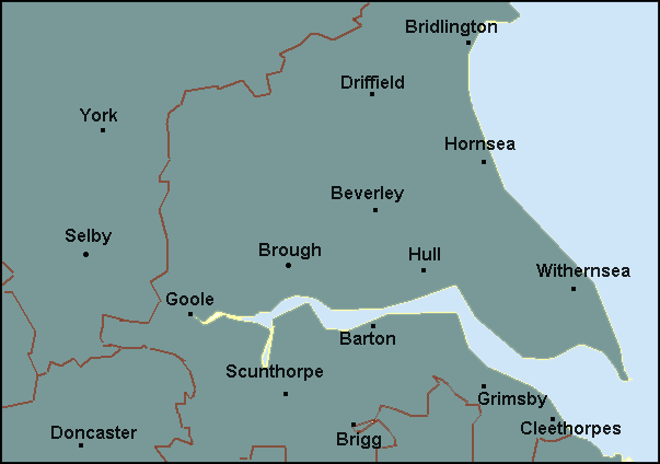 East Riding of Yorkshire: Beverley, Bridlington, Grimsby, Hull, Scunthorpe and surrounding area map