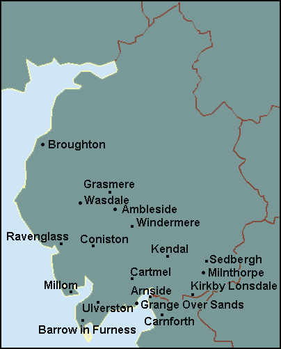 Cumbria: South Lake District, Barrow in Furness, Kendal, Windermere and surrounding area map