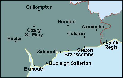 Devon: Exeter, Exmouth, Sidmouth and surrounding area map