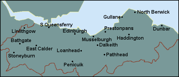 City of Edinburgh, East Lothian, Midlothian, West Lothian: Edinburgh and surrounding area map