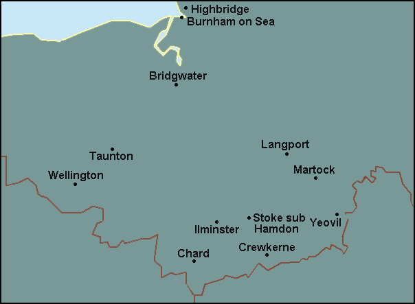 Somerset: Bridgwater, Taunton, Yeovil and surrounding area map