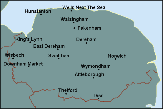 Norfolk: Kings Lynn, Thetford and surrounding area map