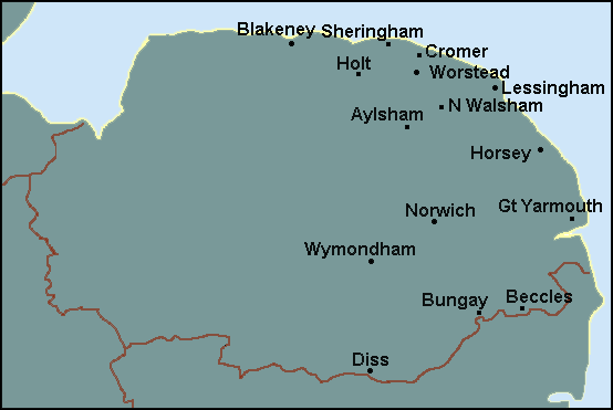 Norfolk: Cromer, Great Yarmouth, Norwich and surrounding area map