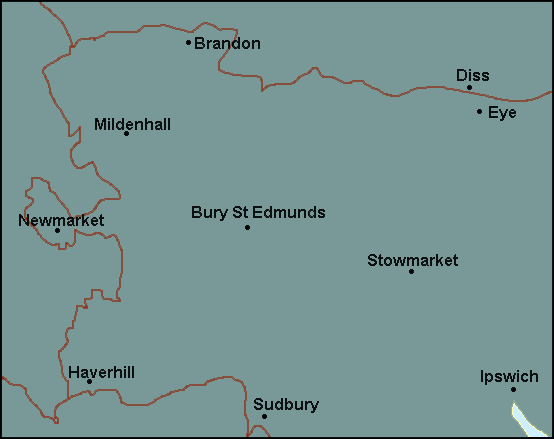 Suffolk: Bury St Edmunds and surrounding area map