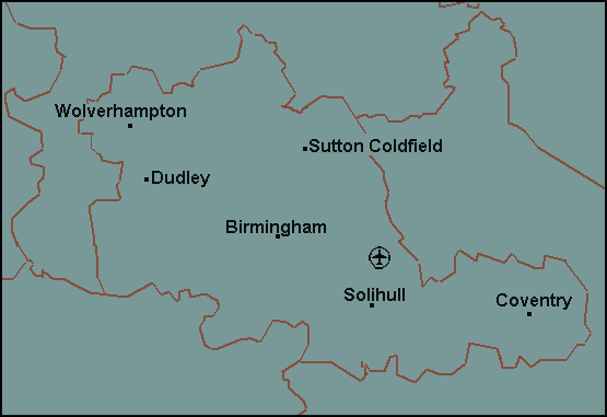 West Midlands: Birmingham, Coventry, Wolverhampton and surrounding area map