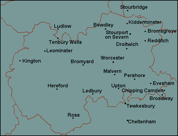 Herefordshire, Worcestershire: Hereford, Worcester and surrounding area map