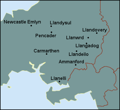 Carmarthenshire: Carmarthen, Llandovery, Llanelli and surrounding area map